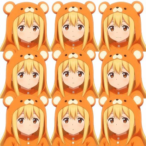 Digital anime-style illustration of a blonde girl with orange bear-themed hoodies, featuring eight identical headshots in a grid layout.