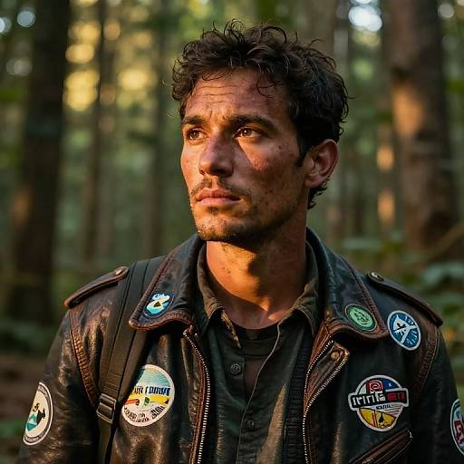 Photograph of a rugged, curly-haired man with a mustache, wearing a leather jacket with multiple colorful patches, standing in a sunlit forest.