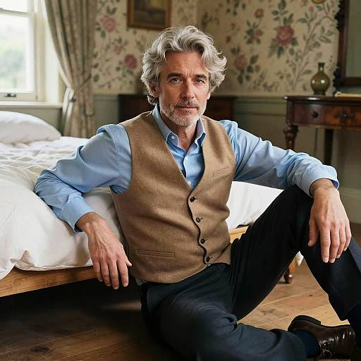 Photograph of a grey-haired middle-aged man with a beard, wearing a light blue shirt and brown vest, sitting on a wooden floor in a vintage
