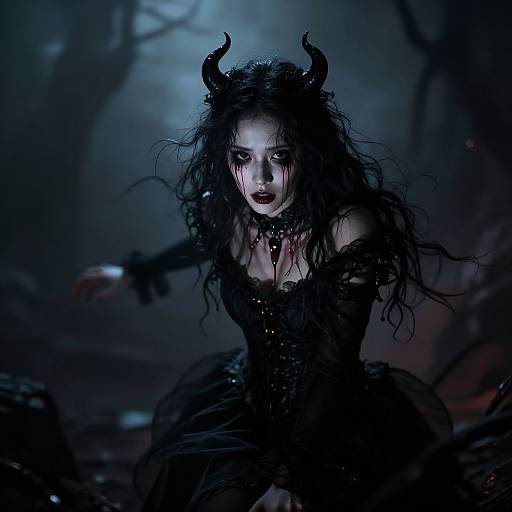 Photograph of a pale, dark-haired woman with black horns, wearing a black, gothic dress, and blood-stained makeup, in a dark