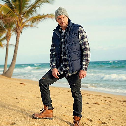 Photograph of a bearded man in a gray beanie, black puffer vest, plaid shirt, black jeans, and brown boots standing on