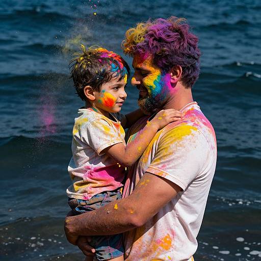 Photograph of a bearded man and young boy, both covered in colorful Holi powder, embracing by a dark blue water background.