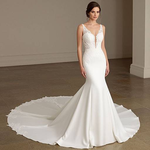 Photograph of a brunette woman in a white, lace-trimmed, sleeveless wedding gown with a long train, standing in a plain, gray