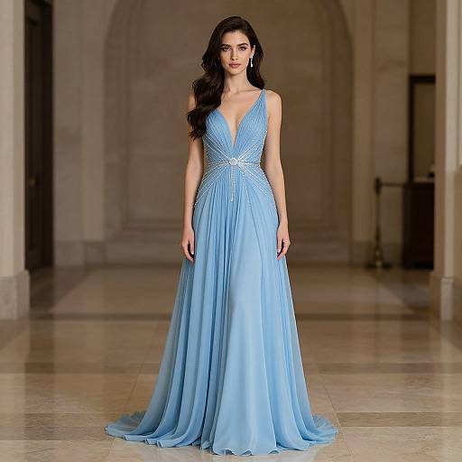 Photograph of a brunette woman with long hair wearing a floor-length, light blue, V-neck, sleeveless gown with a pleated skirt, standing