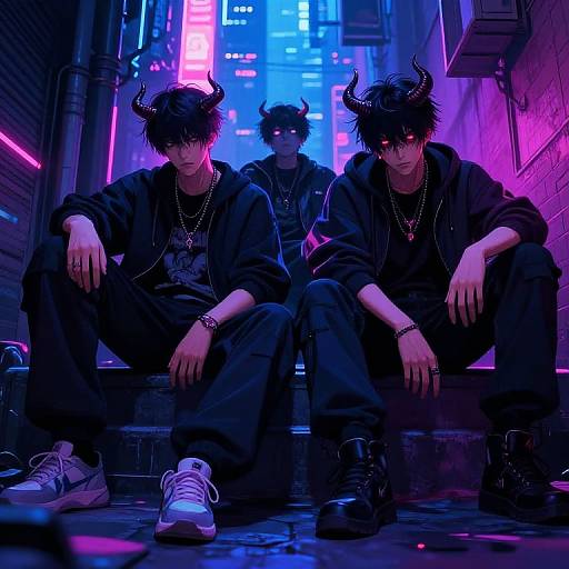 Digital art: Two black-haired, horned men in black hoodies and jeans, sitting in a neon-lit urban alley at night, with a