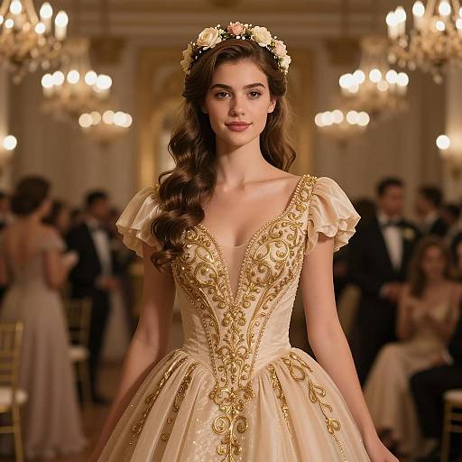 Elegant Woman in Gold-Embroidered Ballgown
