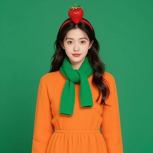Woman in Orange Outfit with Strawberry