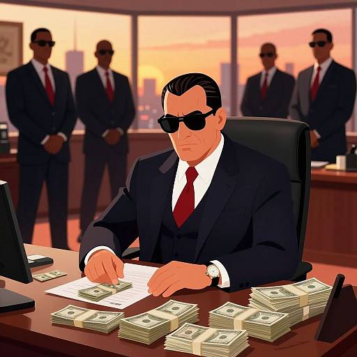 Digital illustration of a stern, sunglasses-wearing man in a black suit and red tie, counting stacks of money at a desk, with four shadowy