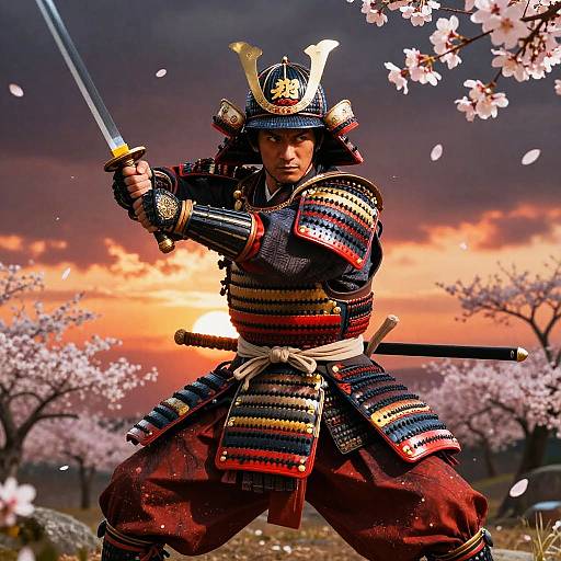 Photograph of a samurai warrior in traditional armor, holding a sword, amidst cherry blossom trees at sunset, with a dramatic orange sky.
