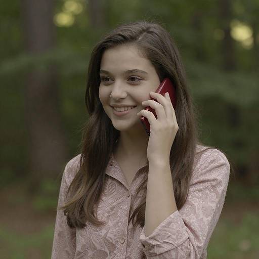 Smiling Woman in Forest with Phone