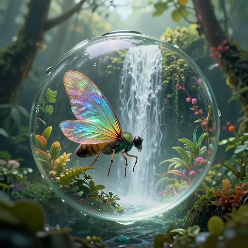 Digital artwork: Vibrant, rainbow-colored butterfly inside a clear bubble, floating near a cascading waterfall in a lush, enchanted forest.