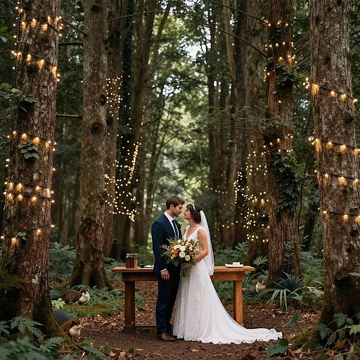 Photograph of a bride in a white gown and groom in a black suit sharing a kiss under fairy lights in a forest. They stand beside a wooden