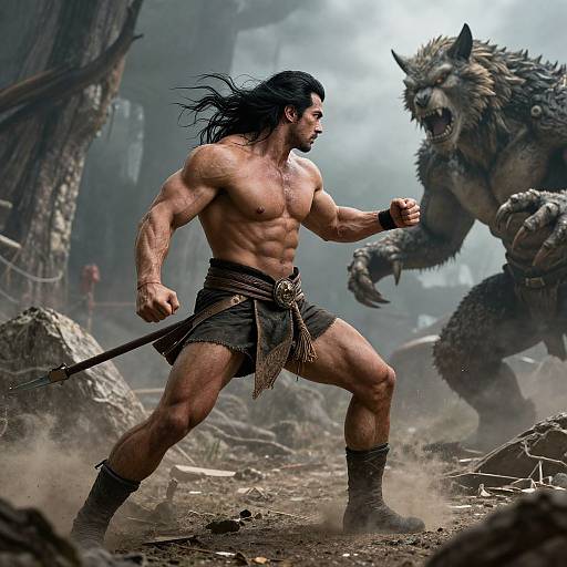 Realistic Wolf-like Man Fighting Monster