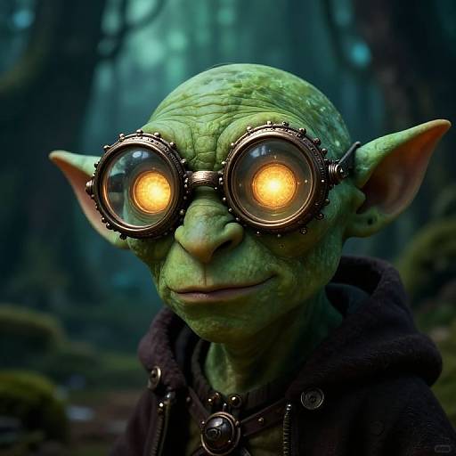 Photorealistic CGI of a green-skinned, elf-like goblin with large, glowing orange goggles and dark brown hoodie, set in a mystical forest