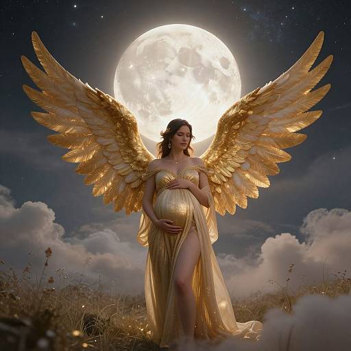 Photograph-like CGI of a pregnant woman with golden wings, wearing a glowing, off-shoulder, gold dress, standing under a full moon in