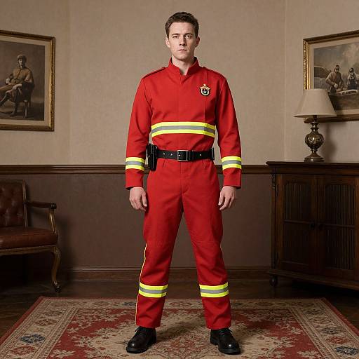 Photograph of a Caucasian man in a red firefighter uniform with yellow stripes, standing in a traditional, warmly-lit living room.