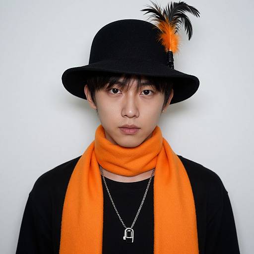 Photograph of Asian male with black hat, orange scarf, black outfit, and feathered hat, white background, neutral expression, silver necklace.