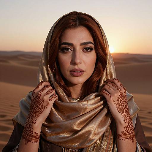 Photograph of a beautiful woman with brown hair, adorned in a gold veil, henna-patterned hands, desert sunset background, serious expression.