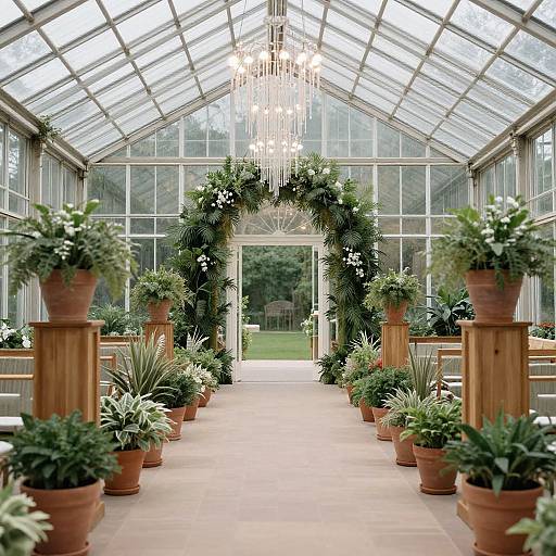 Photograph of a glass greenhouse aisle adorned with potted plants, a green garland arch, and a chandelier, leading to an open door.
