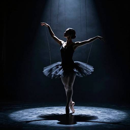 Silhouetted ballerina in black tutu, arms raised, under spotlight, with dark background and illuminated floor, creating dramatic, elegant stage