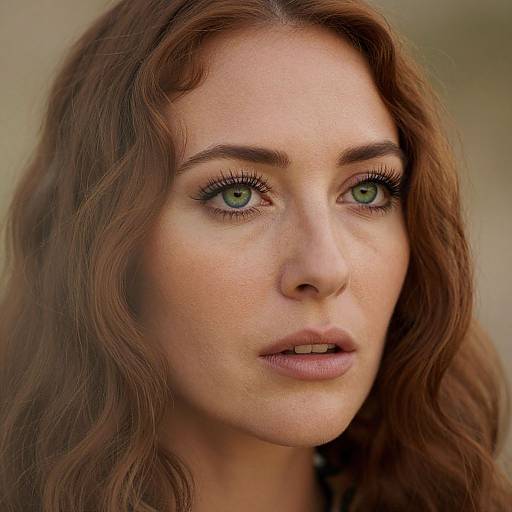 Photograph of a close-up, fair-skinned woman with green eyes, wavy brown hair, and natural makeup, looking slightly to the right with