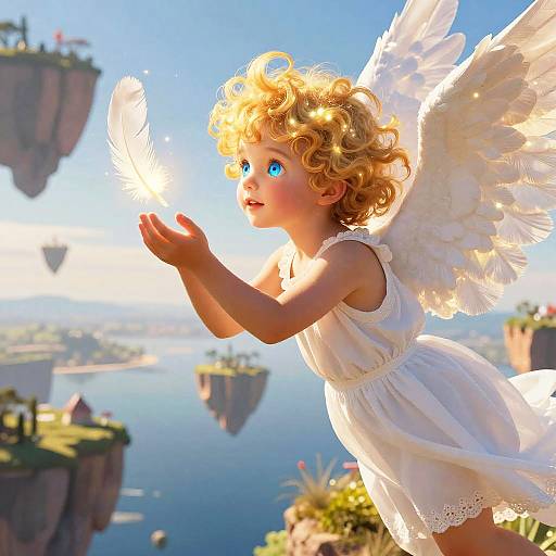 Digital illustration of a blonde, curly-haired cherub with white wings, wearing a white dress, gently touching a glowing feather above a scenic, floating island
