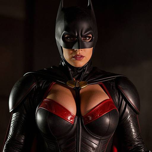 Photograph of a strong, confident woman in a black, glossy Batman-inspired costume with red accents, wearing a black batmask, against a dark,
