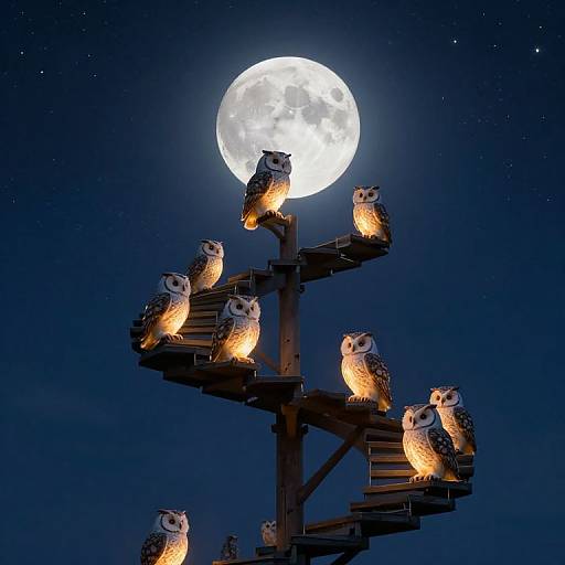 Owls Ascending Spiraling Starry Staircase