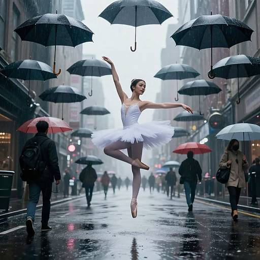 Photograph of a ballerina in a white tutu, mid-leap, surrounded by floating black umbrellas on a rainy city street.