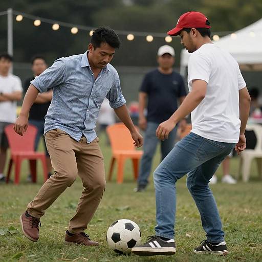 Two Men Playing Soccer Outdoors