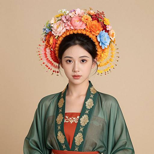 Digital portrait of an Asian woman with fair skin, wearing a green silk kimono and a vibrant floral crown, against a beige background.