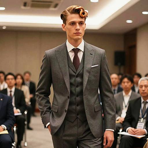 Male Model with Doughnut Bun Hairstyle in Three-Piece Suit