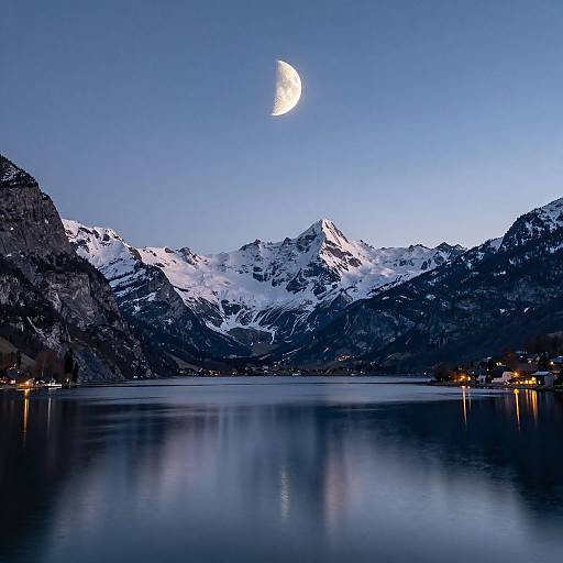 Photograph of a serene, reflective lake at twilight with snow-capped mountains and a crescent moon in a clear blue sky.