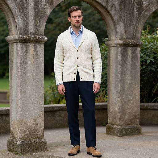 Photograph of a bearded man with short brown hair, wearing a white cardigan, blue shirt, dark pants, and brown shoes, standing under