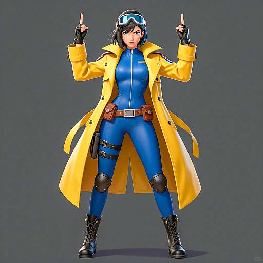 Digital Illustration of Woman in Yellow Trench Coat and Blue Bodysuit