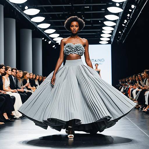 Model in Avant-Garde Grey Couture Gown on Runway