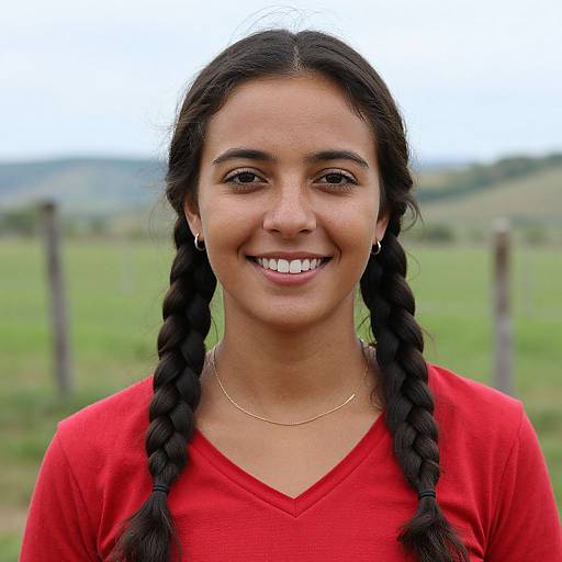 Photograph of a smiling young woman with dark brown hair in twin braids, wearing a red V-neck shirt, gold necklace, and small earrings,