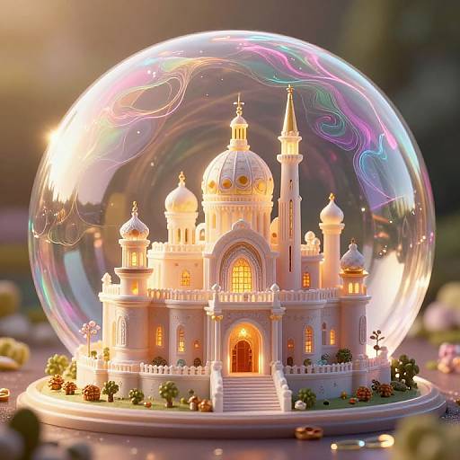 Photograph of a glowing, detailed, white miniature cathedral with domes and towers, encased in a sparkling, iridescent glass snow globe,