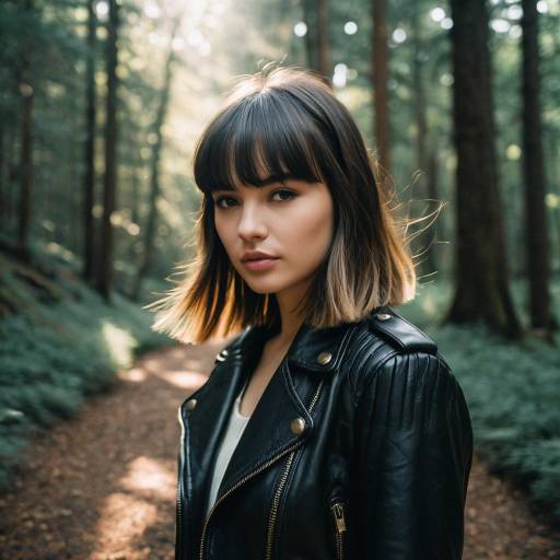 Woman with Wispy Bangs and Leather Jacket in Forest