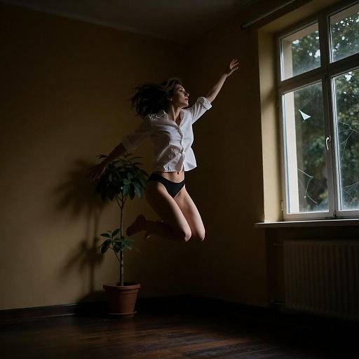 Woman Hovering in Dim Yellow Room