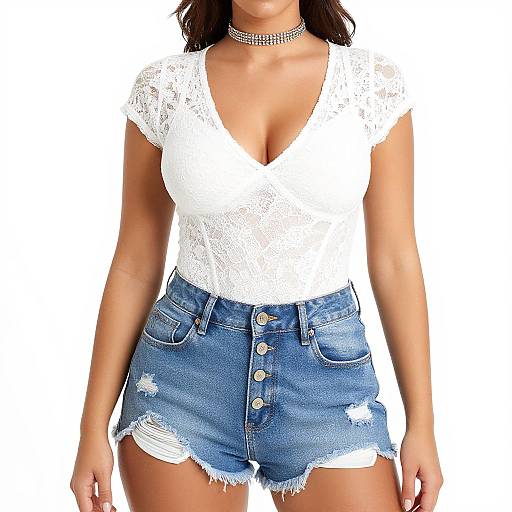 Photograph of a woman wearing a white lace V-neck top, blue denim button-fly shorts with frayed edges, and a silver choker necklace against