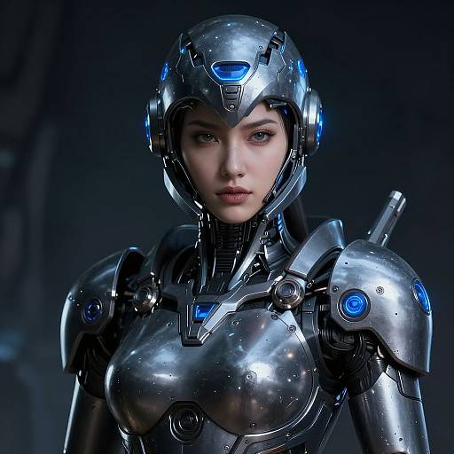 Digital art of a beautiful woman in a futuristic, metallic silver and blue armored suit with glowing blue accents and a helmet. Dark, blurred background. High