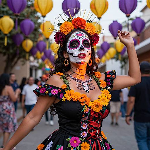 Photograph of a woman in vibrant Day of the Dead costume with floral dress, orange flowers, face paint, and colorful balloons in the background. Street