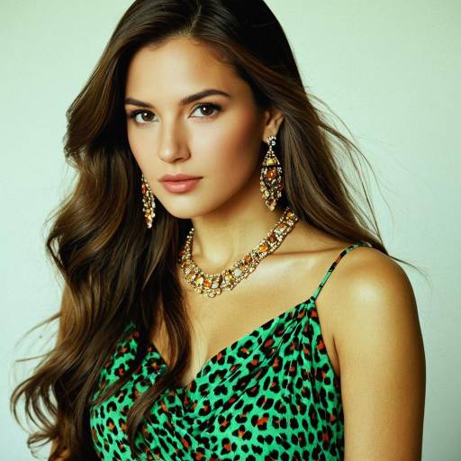 Young Woman in Green Leopard Print Dress with Jewelry