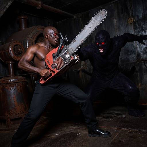Photograph of a muscular, shirtless black man with red eyes wielding a neon red chainsaw, fighting a black, masked figure in a dimly