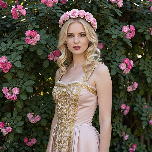 Photograph of a blonde woman with wavy hair, wearing a pink rose crown and a pink satin dress with gold embroidery, standing in front of a