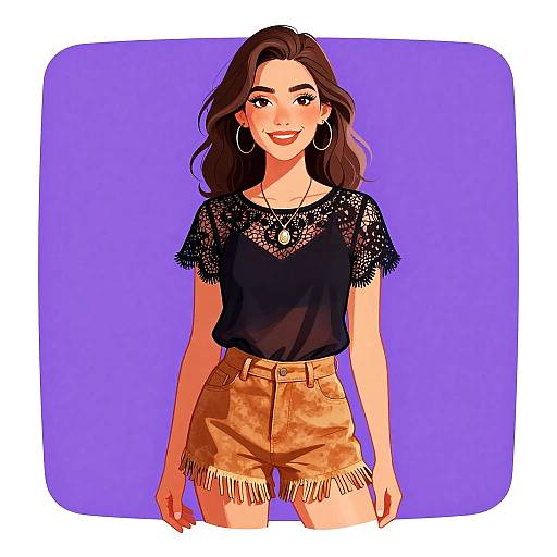 Digital illustration of a smiling woman with wavy brown hair, wearing a black lace top and fringed tan shorts, against a purple background.