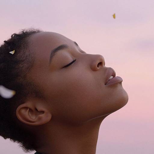 Close-up photograph of a young Black woman with closed eyes, raised head, and relaxed expression, against a pink and white sunset sky, with a small