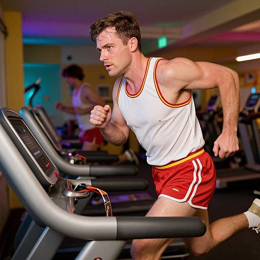 Photograph of a determined, muscular man with short brown hair running on a treadmill in a brightly lit gym, wearing a white tank top and red athletic