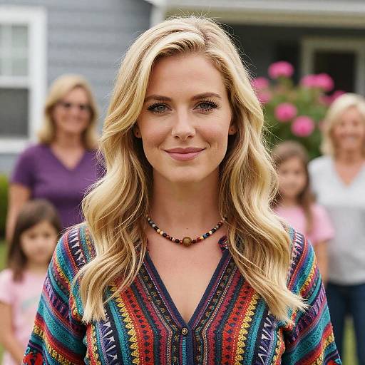 Blonde Woman Smiling in Colorful Outfit